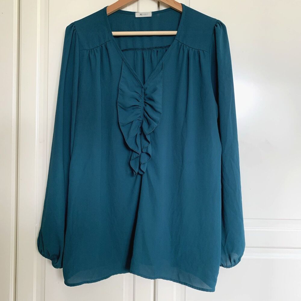 Everly V Neck Long Sleeve Blouse Top Green Womens L